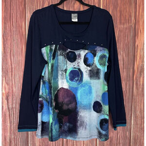 Simply Art by Dolcezza Top Women's XXL Blue Keyhole Embellished Art to Wear